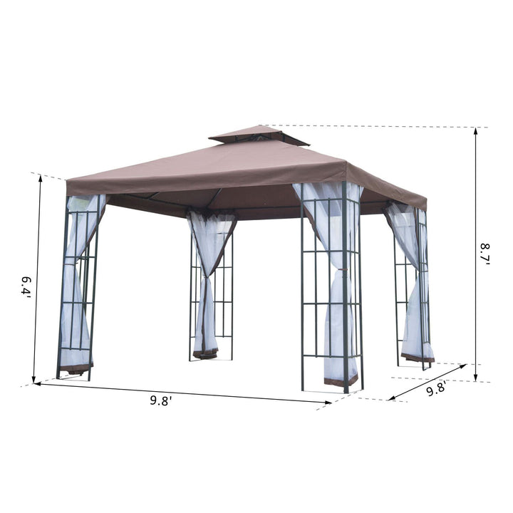 10' x 10' Steel Gazebo Canopy Garden Patio Tent Shelter w Tiered Fabric Roof, Mesh Walls, Brown