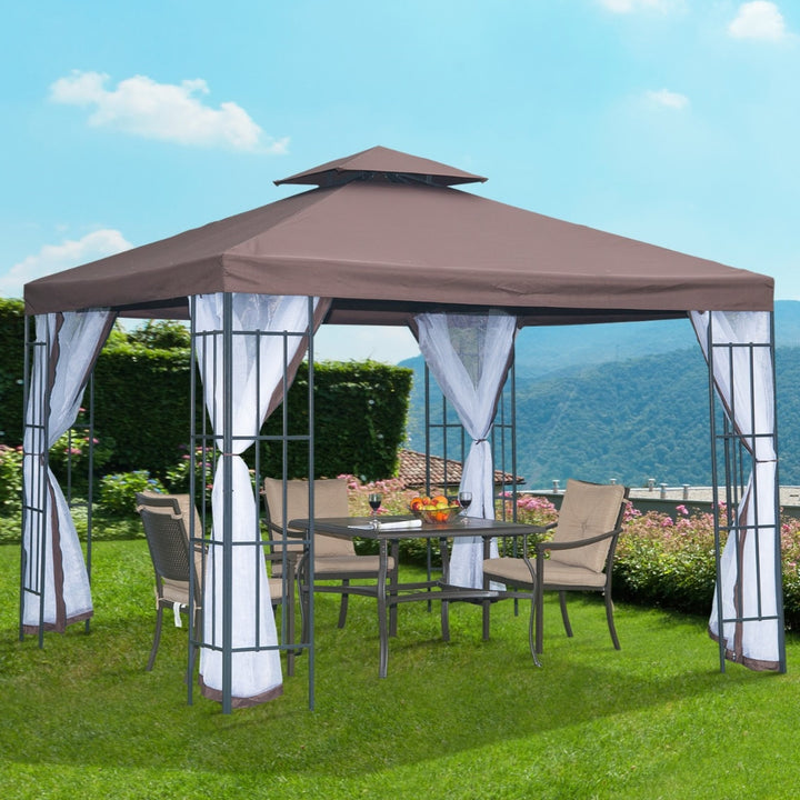 10' x 10' Steel Gazebo Canopy Garden Patio Tent Shelter w Tiered Fabric Roof, Mesh Walls, Brown