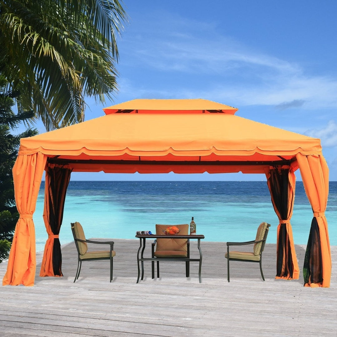 13' x 10' Aluminum Gazebo Canopy Patio Tent Shelter w Tiered Roof Curtain Mesh Net Wall, Orange