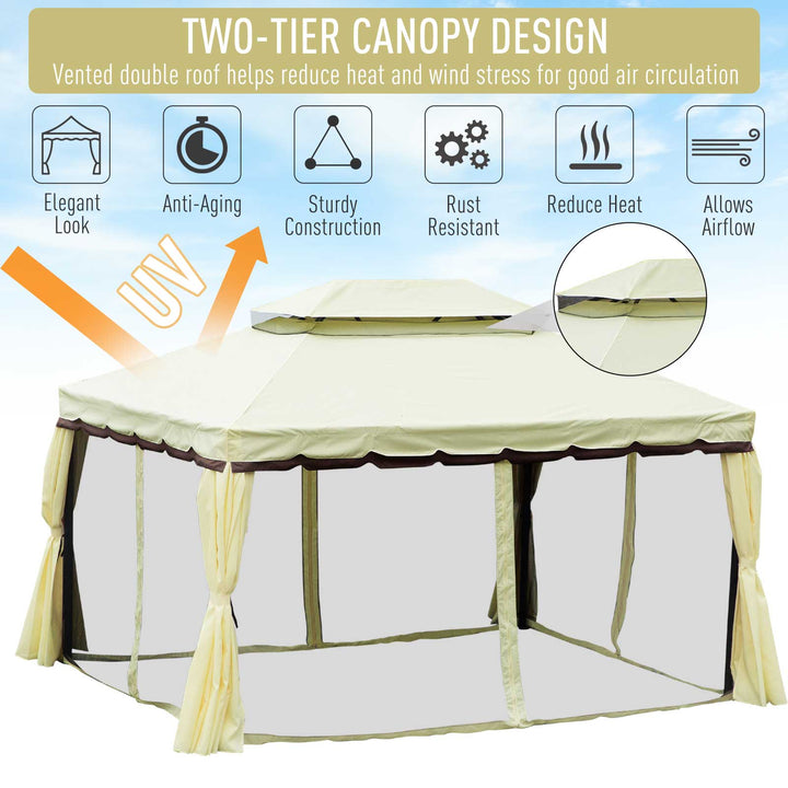 13' x 10' Aluminum Gazebo Canopy Patio Tent Shelter w Tiered Roof Curtain & Mesh, Cream w Brown