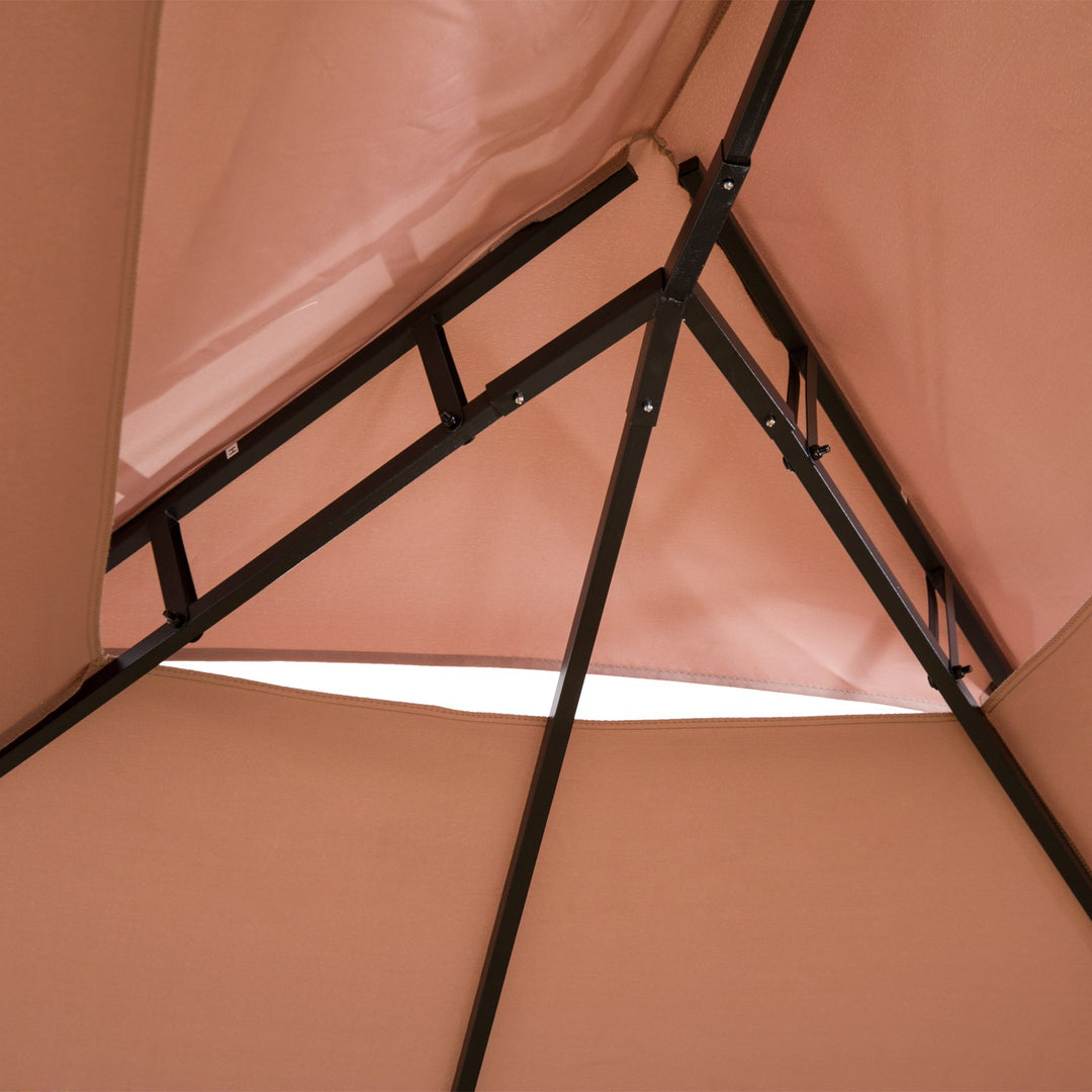 13' x 10' Steel 6 Column Gazebo Canopy Patio Tent Shelter w/ Tiered Roof, Curtains, Khaki Brown