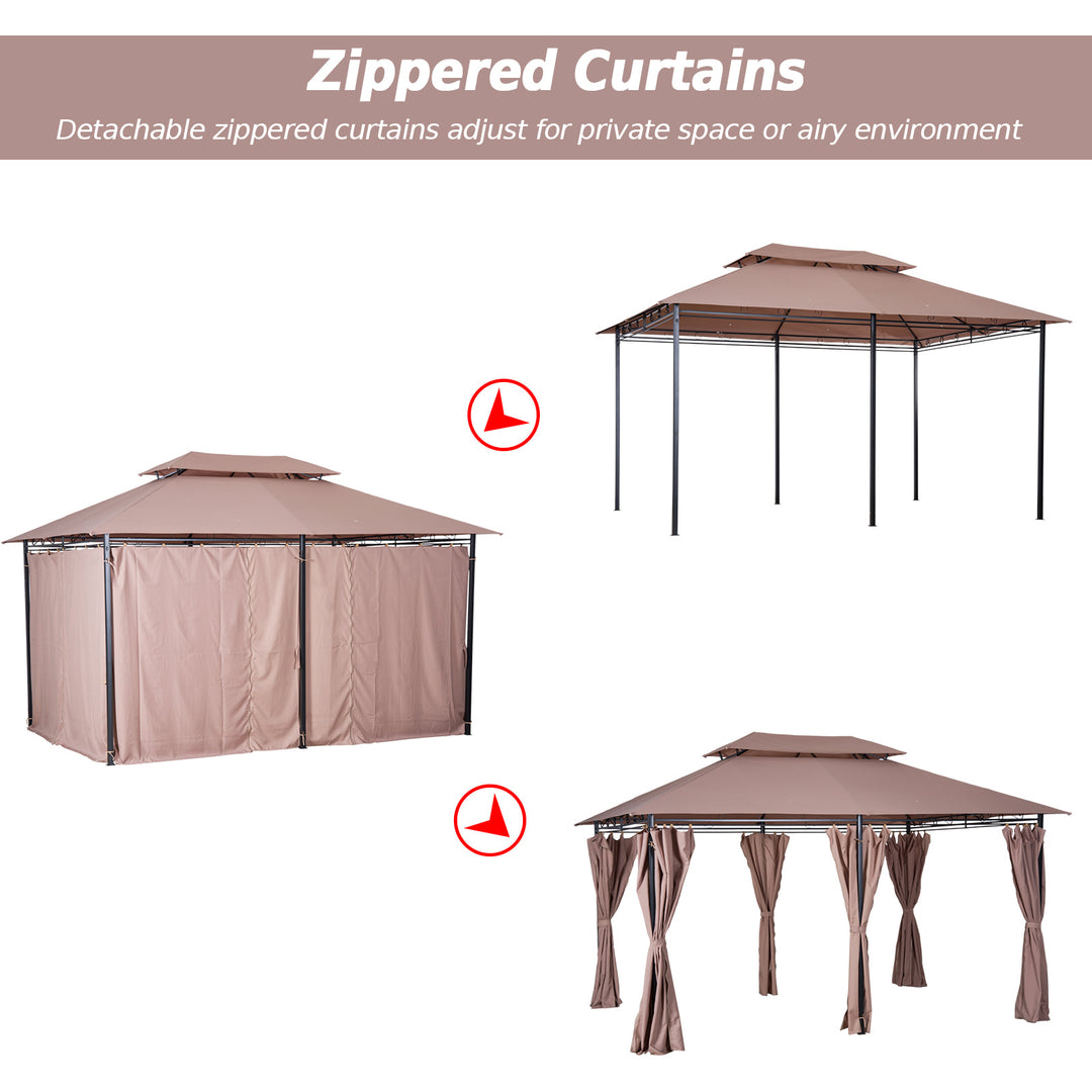 13' x 10' Steel 6 Column Gazebo Canopy Patio Tent Shelter w/ Tiered Roof, Curtains, Khaki Brown