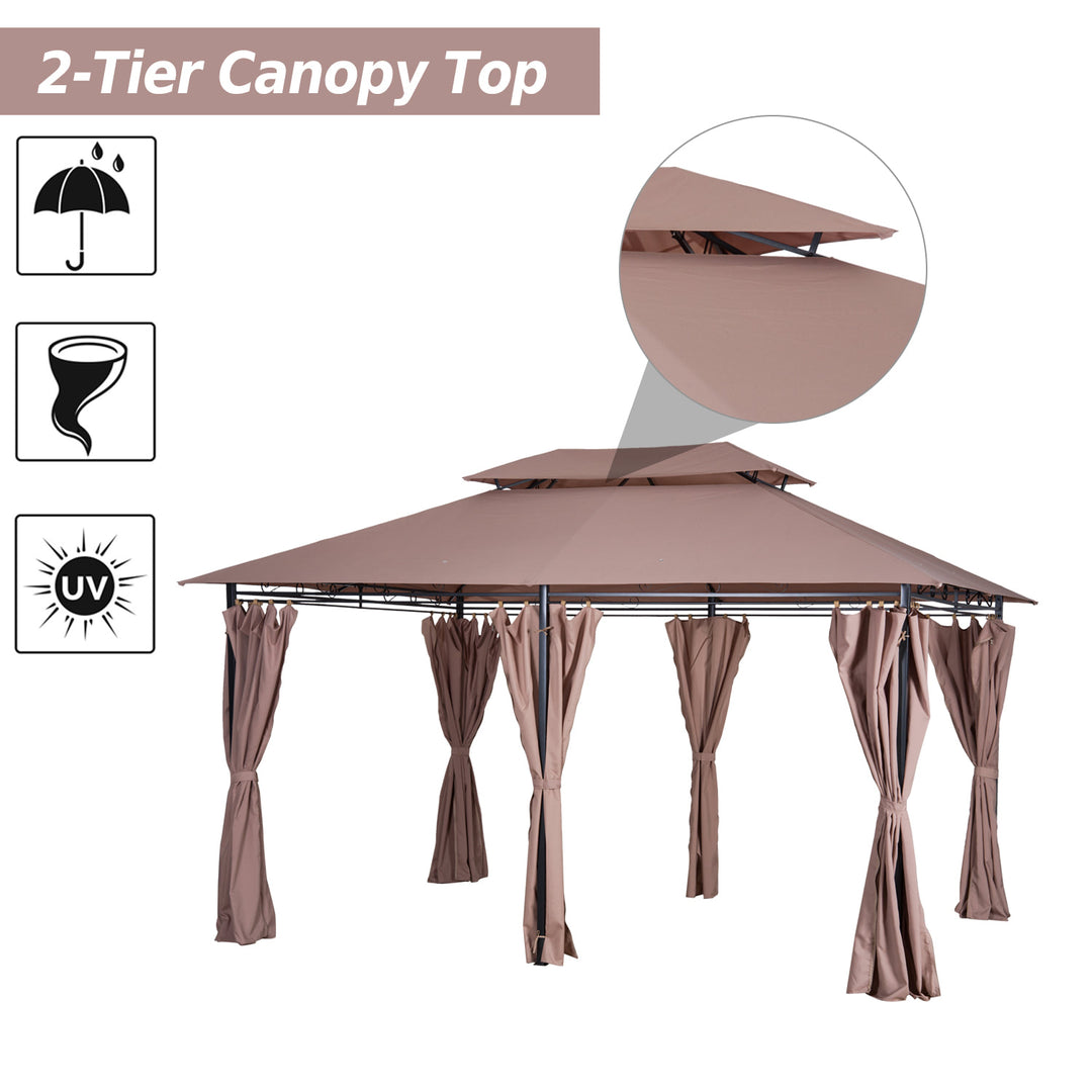 13' x 10' Steel 6 Column Gazebo Canopy Patio Tent Shelter w/ Tiered Roof, Curtains, Khaki Brown
