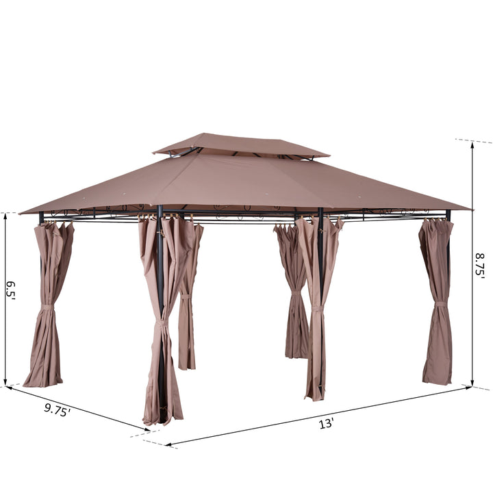 13' x 10' Steel 6 Column Gazebo Canopy Patio Tent Shelter w/ Tiered Roof, Curtains, Khaki Brown