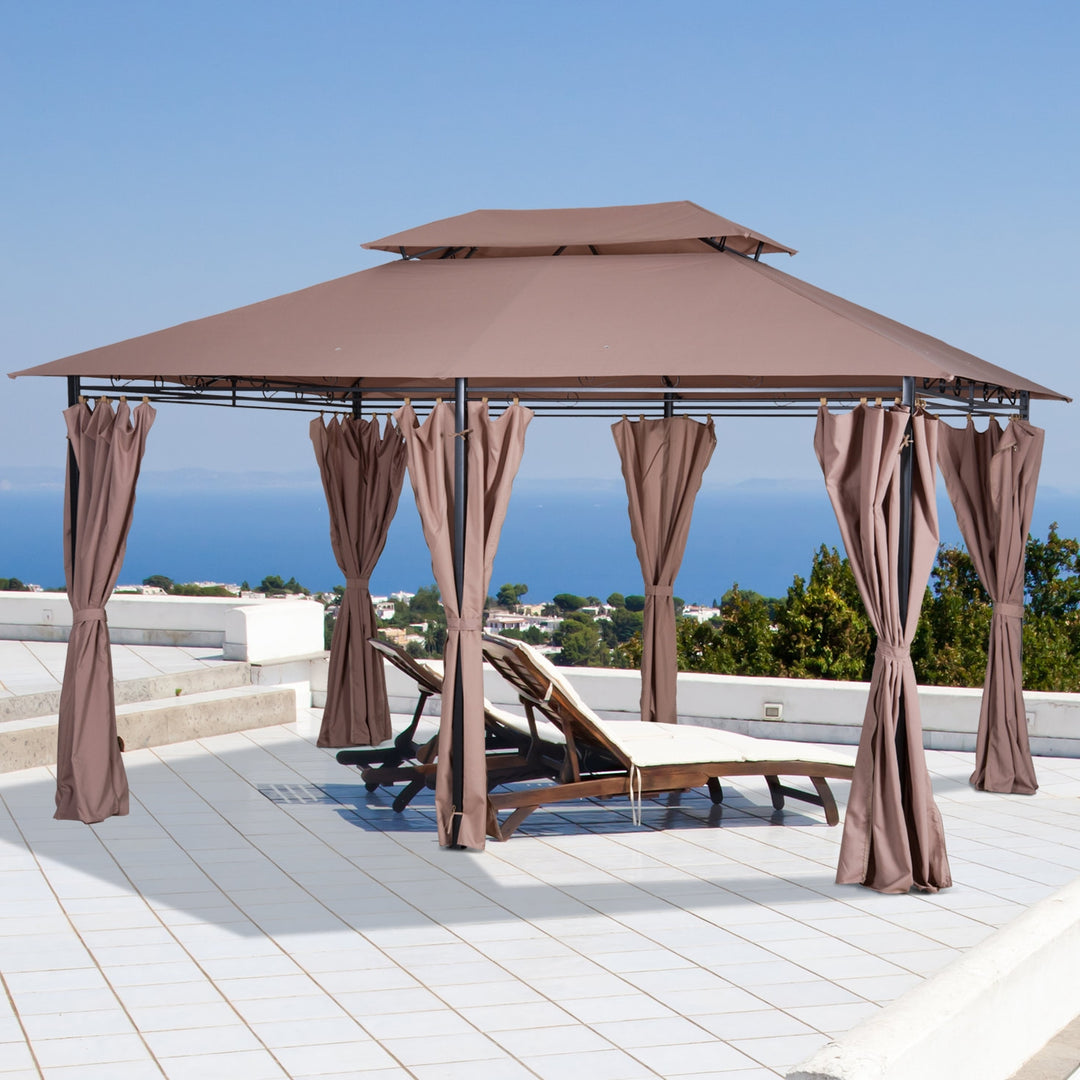 13' x 10' Steel 6 Column Gazebo Canopy Patio Tent Shelter w/ Tiered Roof, Curtains, Khaki Brown