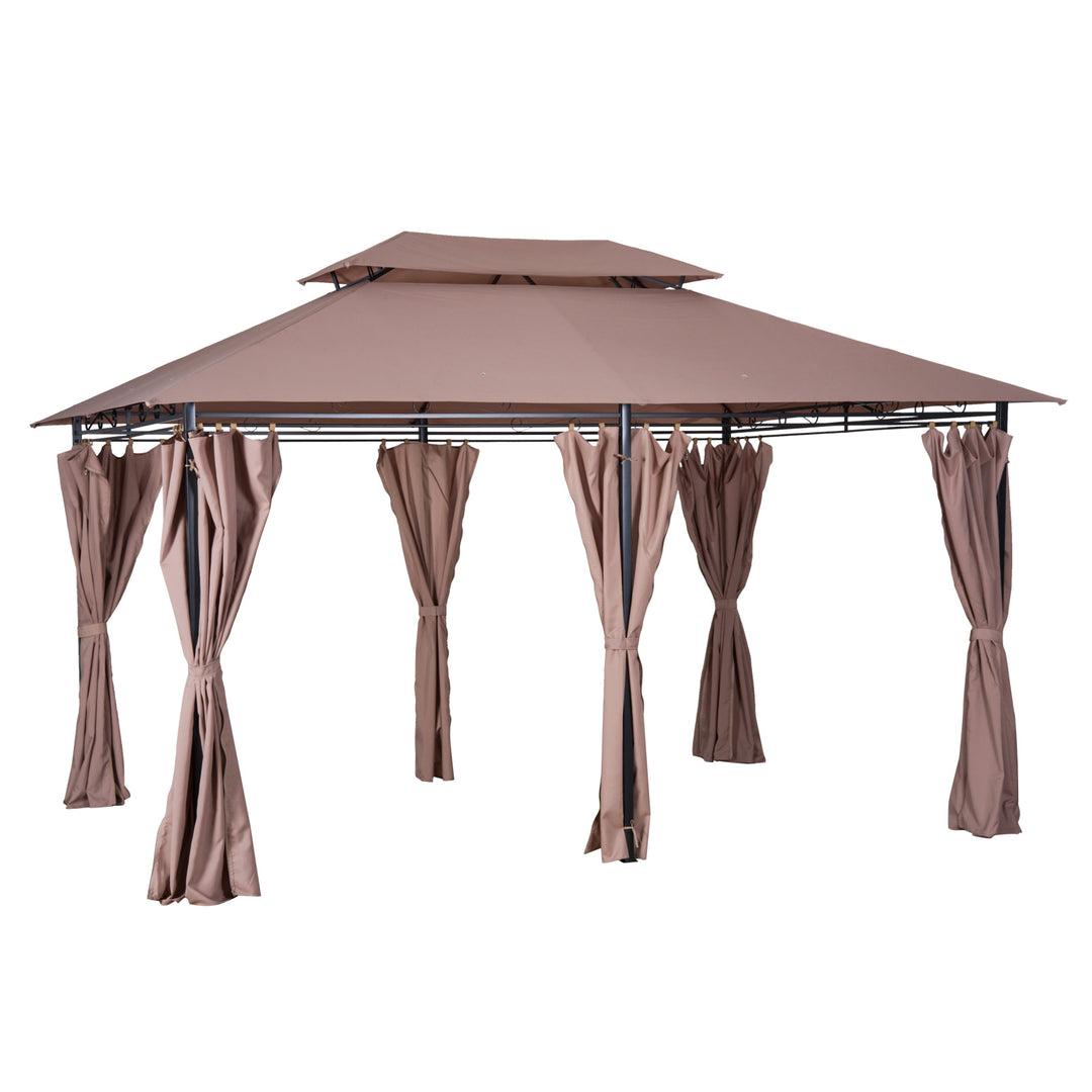 13' x 10' Steel 6 Column Gazebo Canopy Patio Tent Shelter w/ Tiered Roof, Curtains, Khaki Brown