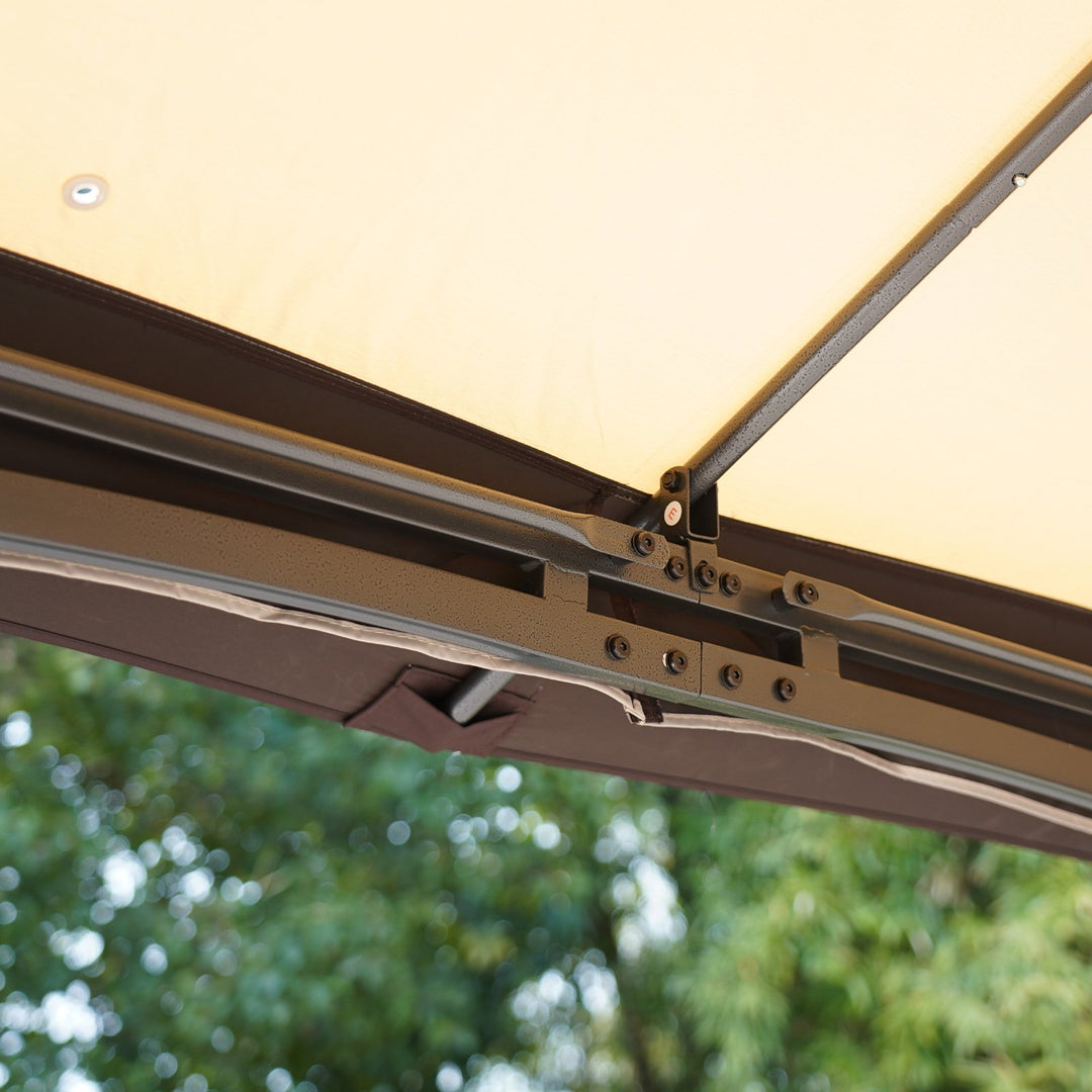 10.5' x 10.5' Steel Gazebo Canopy Patio Tent Shelter w Tiered Fabric Roof, Mesh, Beige Brown