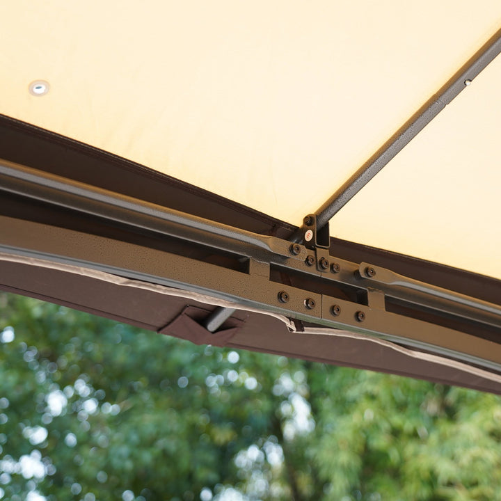 10.5' x 10.5' Steel Gazebo Canopy Patio Tent Shelter w Tiered Fabric Roof, Mesh, Beige Brown