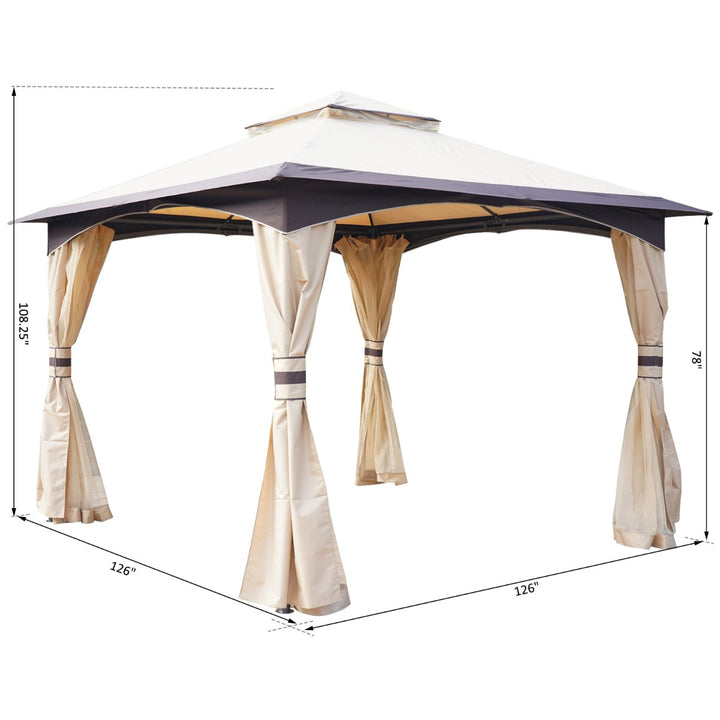 10.5' x 10.5' Steel Gazebo Canopy Patio Tent Shelter w Tiered Fabric Roof, Mesh, Beige Brown