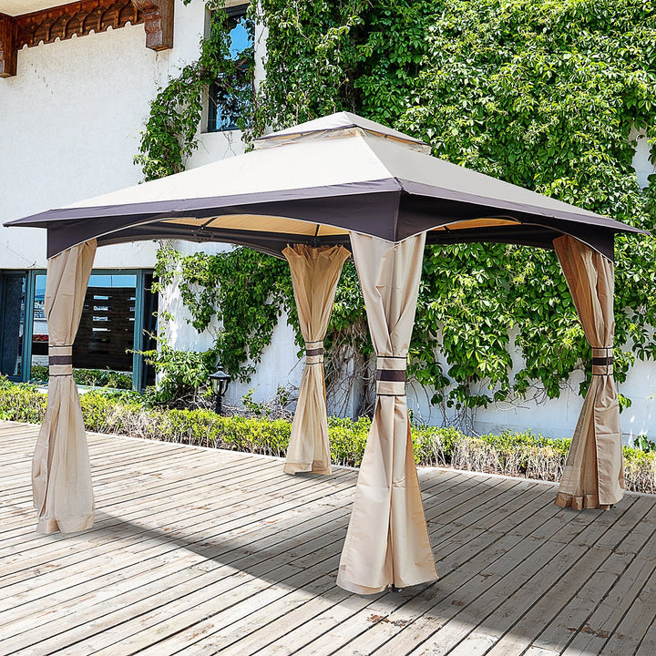 10.5' x 10.5' Steel Gazebo Canopy Patio Tent Shelter w Tiered Fabric Roof, Mesh, Beige Brown