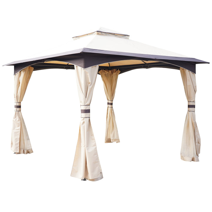 10.5' x 10.5' Steel Gazebo Canopy Patio Tent Shelter w Tiered Fabric Roof, Mesh, Beige Brown