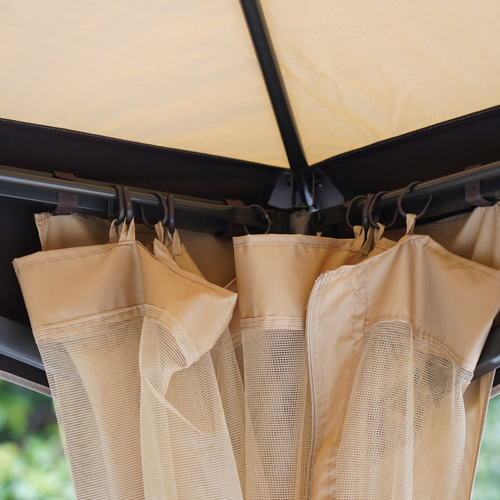 10.5' x 10.5' Steel Gazebo Canopy Patio Tent Shelter w Tiered Fabric Roof, Mesh, Beige Brown