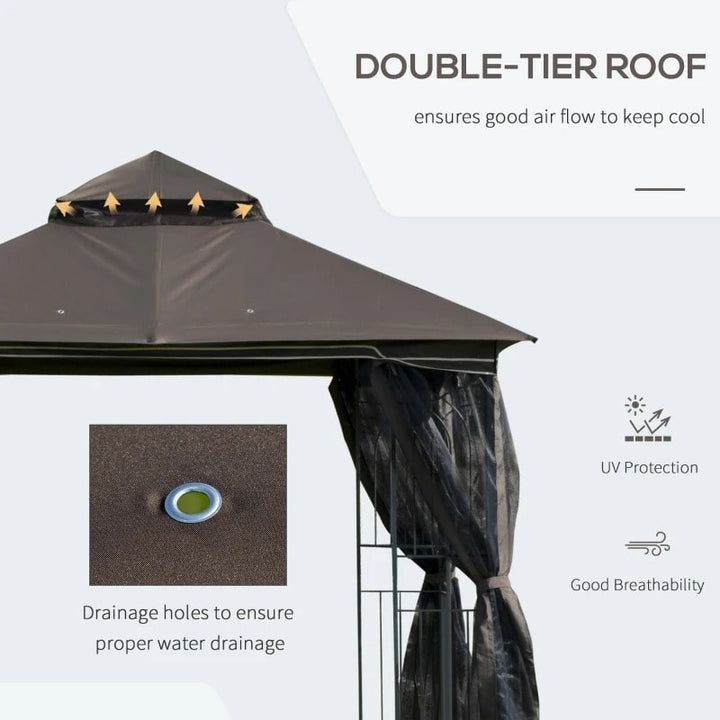 10' x 10' Steel Gazebo Canopy Shelter w Tiered Fabric Roof, Mesh Walls, Shelves, Coffee Brown