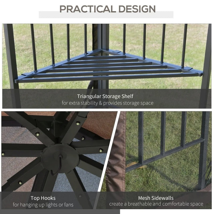 10' x 10' Steel Gazebo Canopy Shelter w Tiered Fabric Roof, Mesh Walls, Shelves, Coffee Brown