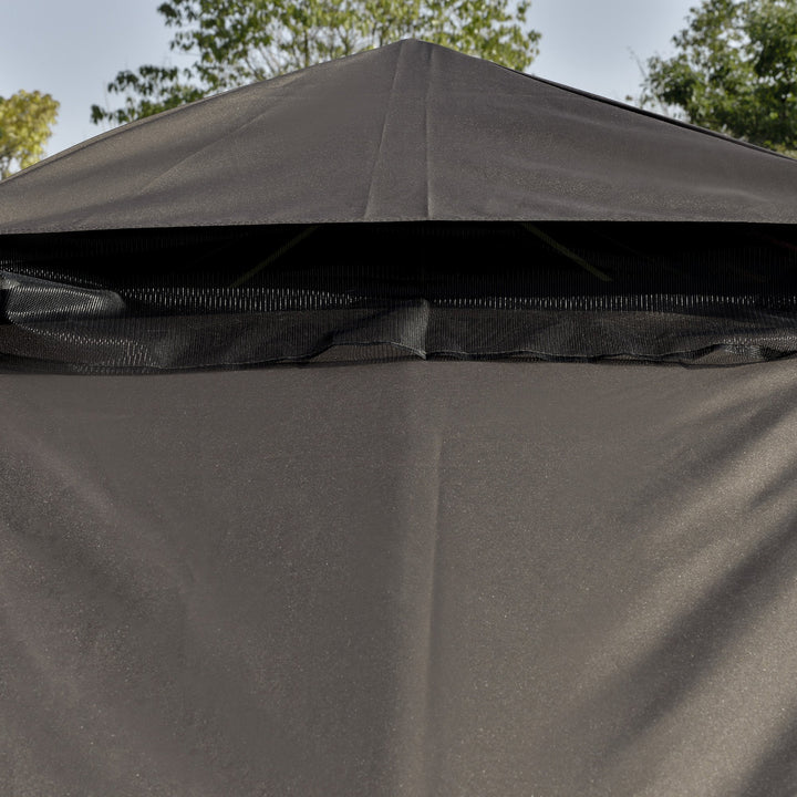 10' x 10' Steel Gazebo Canopy Shelter w Tiered Fabric Roof, Mesh Walls, Shelves, Coffee Brown
