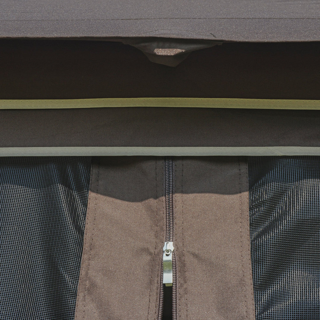 10' x 10' Steel Gazebo Canopy Shelter w Tiered Fabric Roof, Mesh Walls, Shelves, Coffee Brown