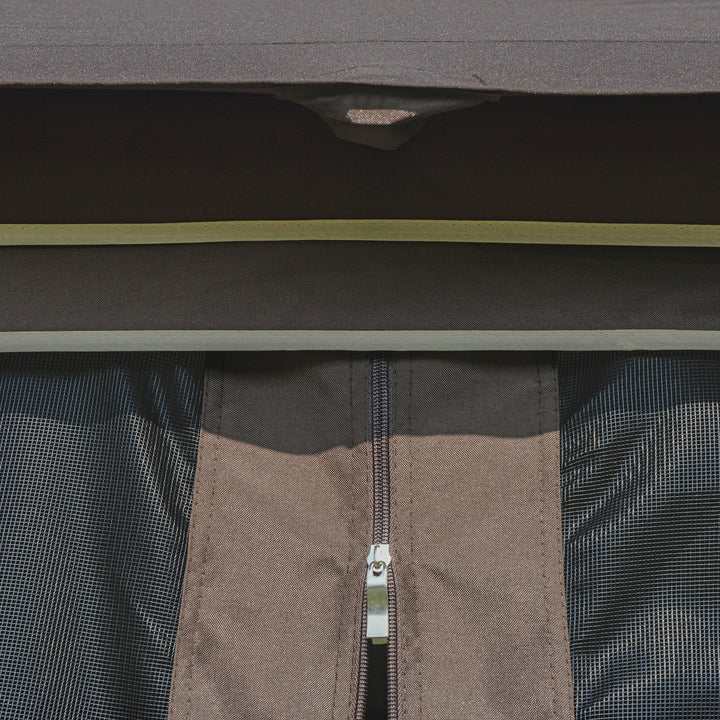 10' x 10' Steel Gazebo Canopy Shelter w Tiered Fabric Roof, Mesh Walls, Shelves, Coffee Brown
