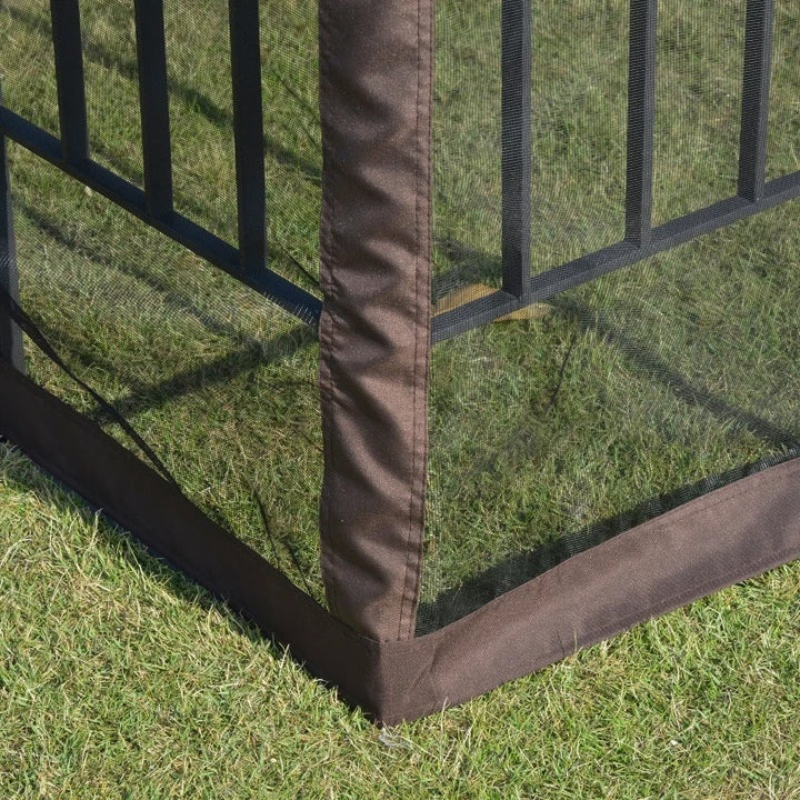 10' x 10' Steel Gazebo Canopy Shelter w Tiered Fabric Roof, Mesh Walls, Shelves, Coffee Brown