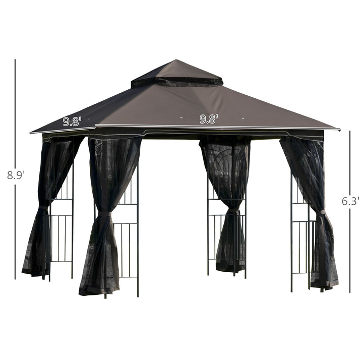 10' x 10' Steel Gazebo Canopy Shelter w Tiered Fabric Roof, Mesh Walls, Shelves, Coffee Brown