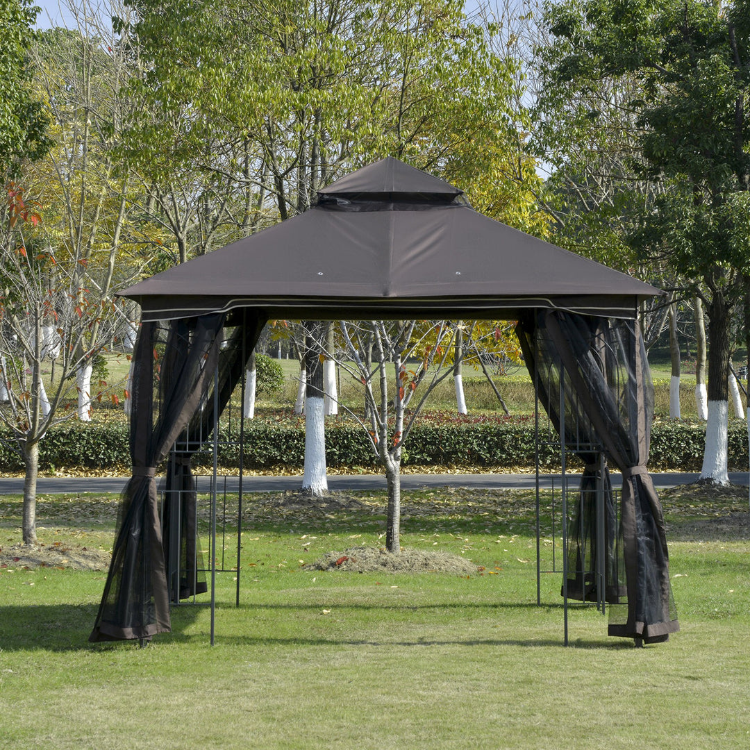 10' x 10' Steel Gazebo Canopy Shelter w Tiered Fabric Roof, Mesh Walls, Shelves, Coffee Brown