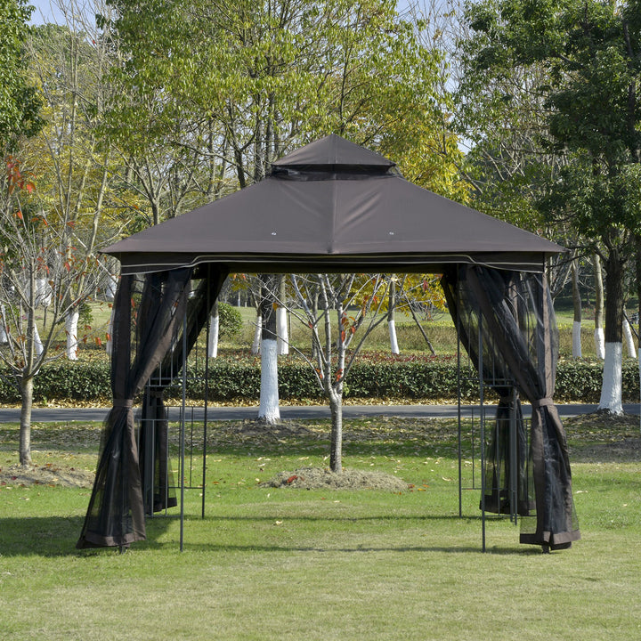 10' x 10' Steel Gazebo Canopy Shelter w Tiered Fabric Roof, Mesh Walls, Shelves, Coffee Brown