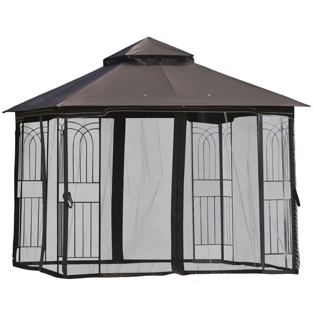 10' x 10' Steel Gazebo Canopy Shelter w Tiered Fabric Roof, Mesh Walls, Shelves, Coffee Brown