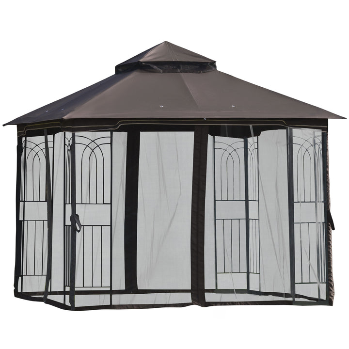 10' x 10' Steel Gazebo Canopy Shelter w Tiered Fabric Roof, Mesh Walls, Shelves, Coffee Brown
