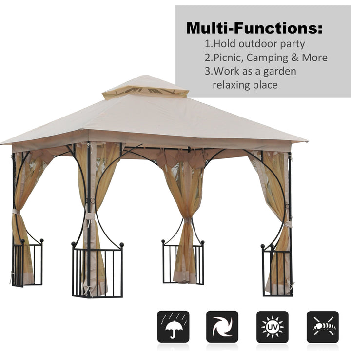 10' x 10' Steel Gazebo Canopy Shelter w Tiered Fabric Roof, Rail Accent, Mesh Net, Black Beige