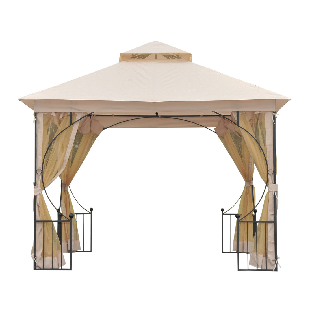 10' x 10' Steel Gazebo Canopy Shelter w Tiered Fabric Roof, Rail Accent, Mesh Net, Black Beige