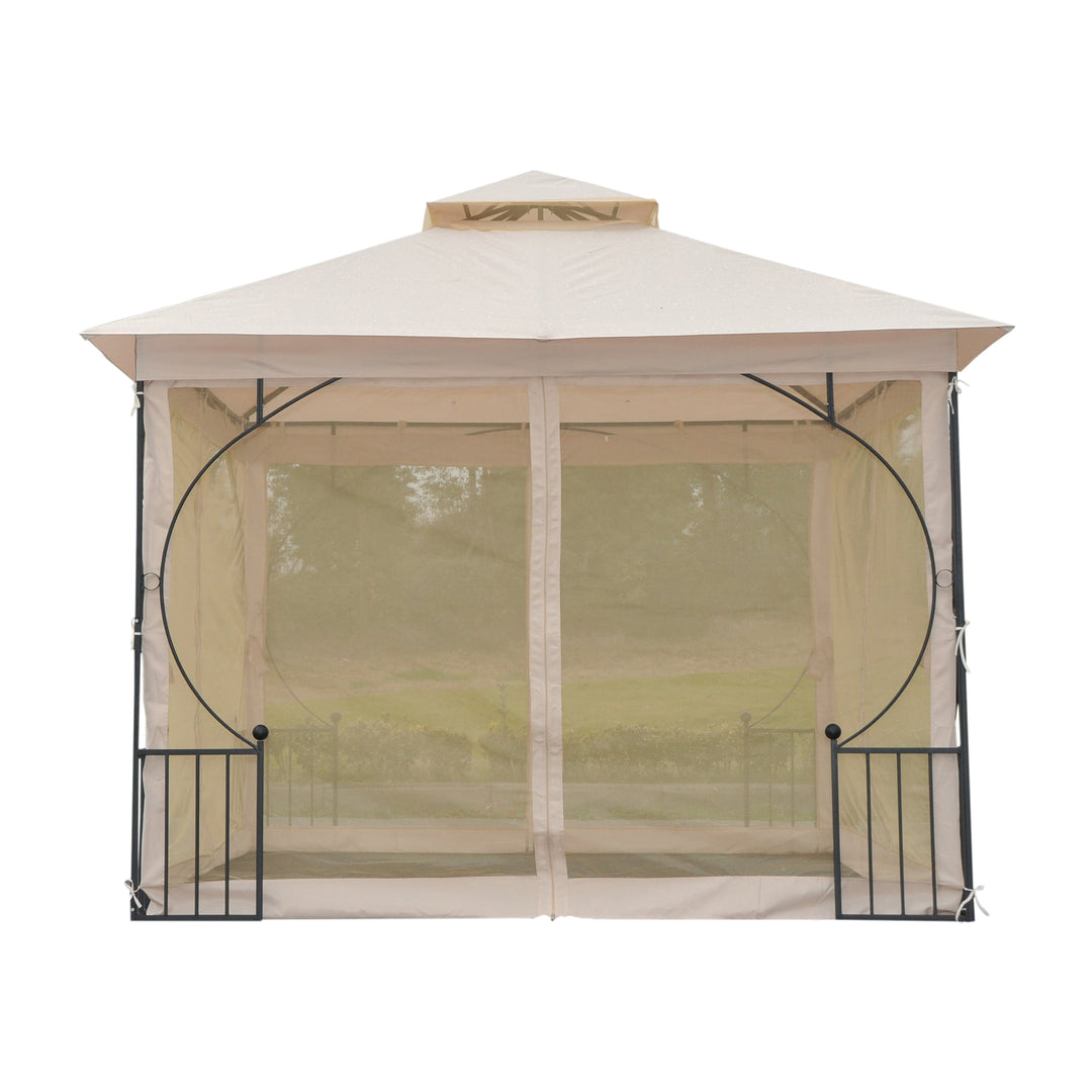 10' x 10' Steel Gazebo Canopy Shelter w Tiered Fabric Roof, Rail Accent, Mesh Net, Black Beige
