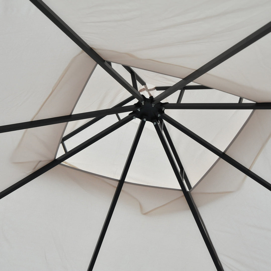 10' x 10' Steel Gazebo Canopy Shelter w Tiered Fabric Roof, Rail Accent, Mesh Net, Black Beige