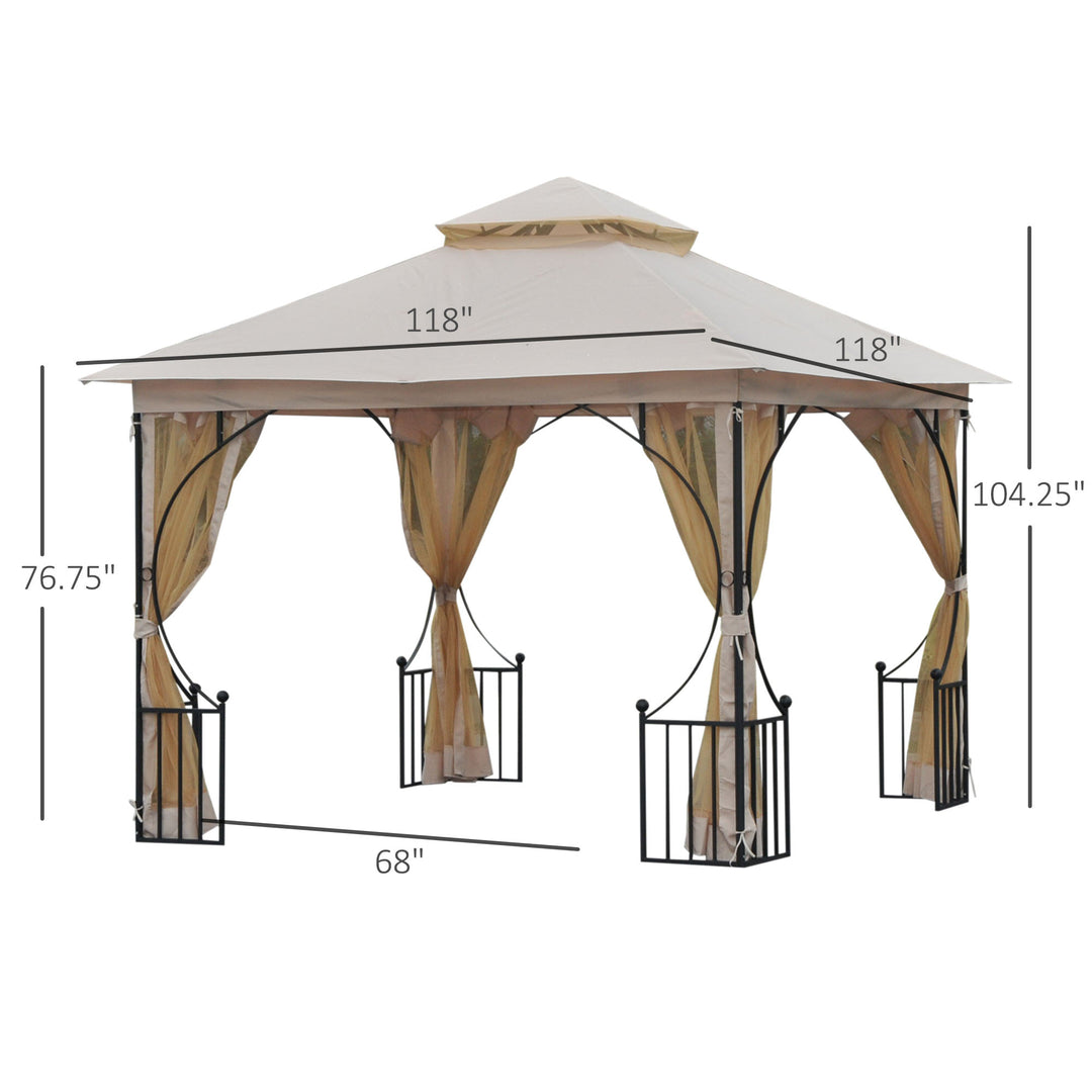 10' x 10' Steel Gazebo Canopy Shelter w Tiered Fabric Roof, Rail Accent, Mesh Net, Black Beige