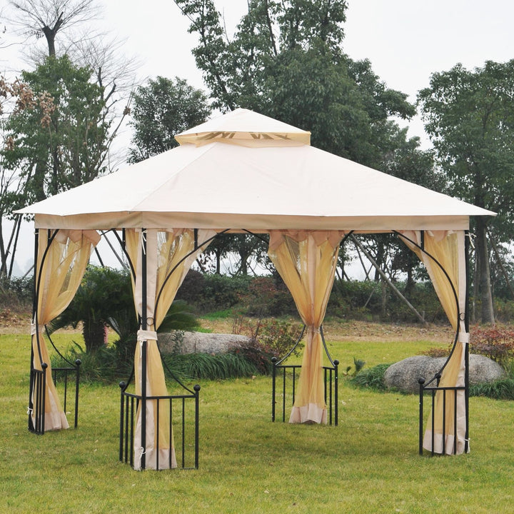 10' x 10' Steel Gazebo Canopy Shelter w Tiered Fabric Roof, Rail Accent, Mesh Net, Black Beige