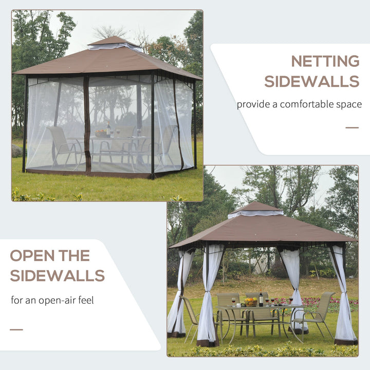 10' x 10' Metal Gazebo Canopy Outdoor Patio Tent Shelter w/ Tiered Roof, Mosquito Net, Brown