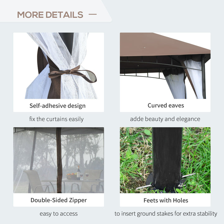 10' x 10' Metal Gazebo Canopy Outdoor Patio Tent Shelter w/ Tiered Roof, Mosquito Net, Brown