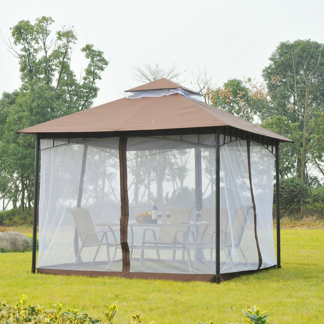 10' x 10' Metal Gazebo Canopy Outdoor Patio Tent Shelter w/ Tiered Roof, Mosquito Net, Brown