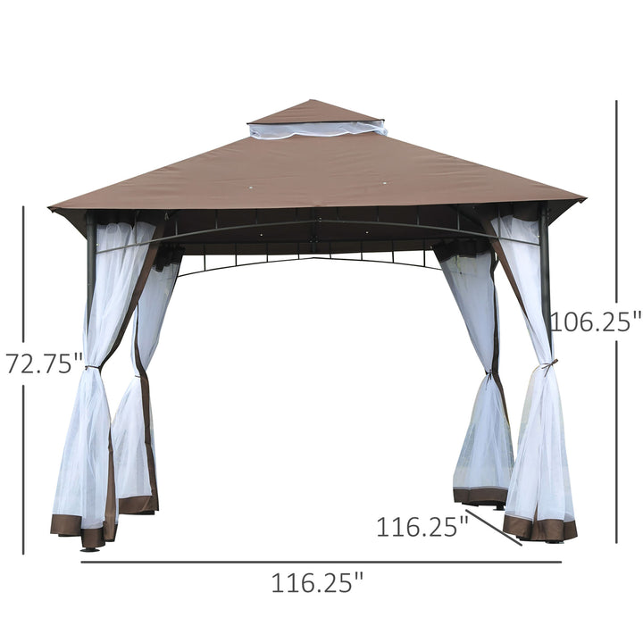 10' x 10' Metal Gazebo Canopy Outdoor Patio Tent Shelter w/ Tiered Roof, Mosquito Net, Brown