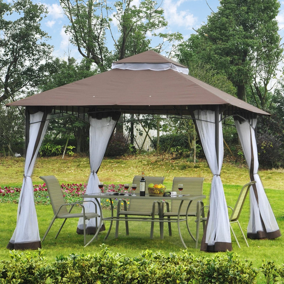 10' x 10' Metal Gazebo Canopy Outdoor Patio Tent Shelter w/ Tiered Roof, Mosquito Net, Brown