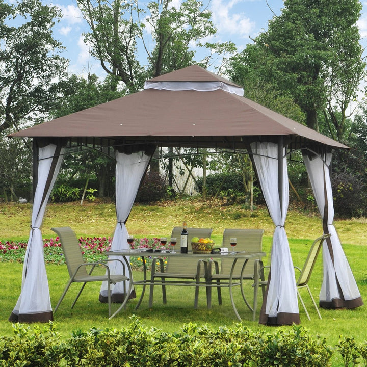 10' x 10' Metal Gazebo Canopy Outdoor Patio Tent Shelter w/ Tiered Roof, Mosquito Net, Brown