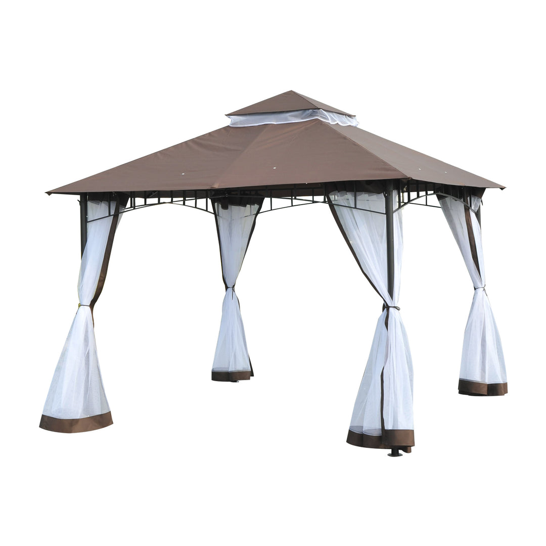 10' x 10' Metal Gazebo Canopy Outdoor Patio Tent Shelter w/ Tiered Roof, Mosquito Net, Brown