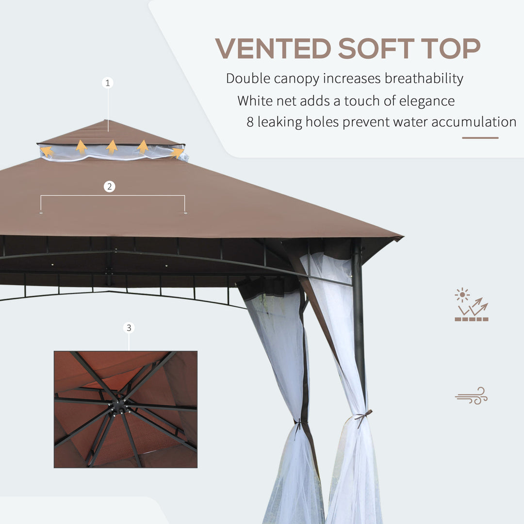 10' x 10' Metal Gazebo Canopy Outdoor Patio Tent Shelter w/ Tiered Roof, Mosquito Net, Brown