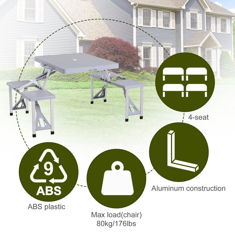 Junior Folding Portable Picnic Table w 4 Seats, Umbrella Hole for Outdoor Patio Camping, Grey