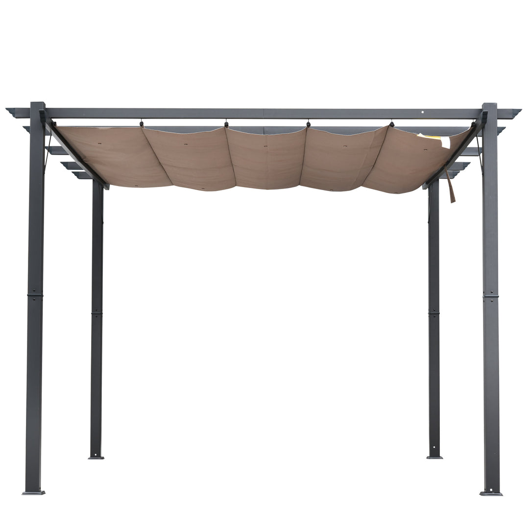 10' x 10' Aluminum Pergola Gazebo Shelter w Retractable Roof Sun Shade Deck Patio Brown, Grey