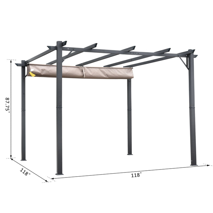 10' x 10' Aluminum Pergola Gazebo Shelter w Retractable Roof Sun Shade Deck Patio Brown, Grey