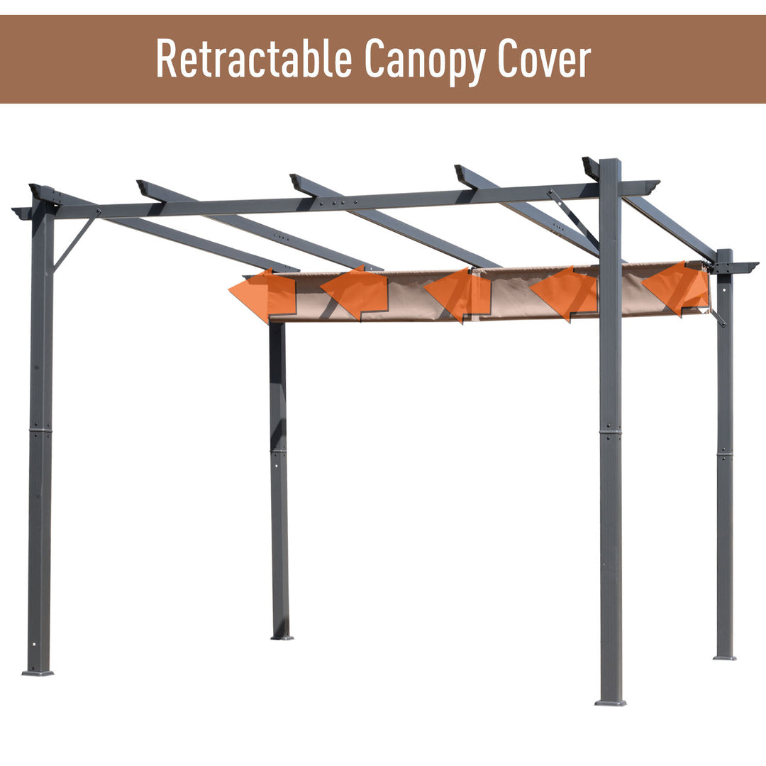 10' x 10' Aluminum Pergola Gazebo Shelter w Retractable Roof Sun Shade Deck Patio Brown, Grey