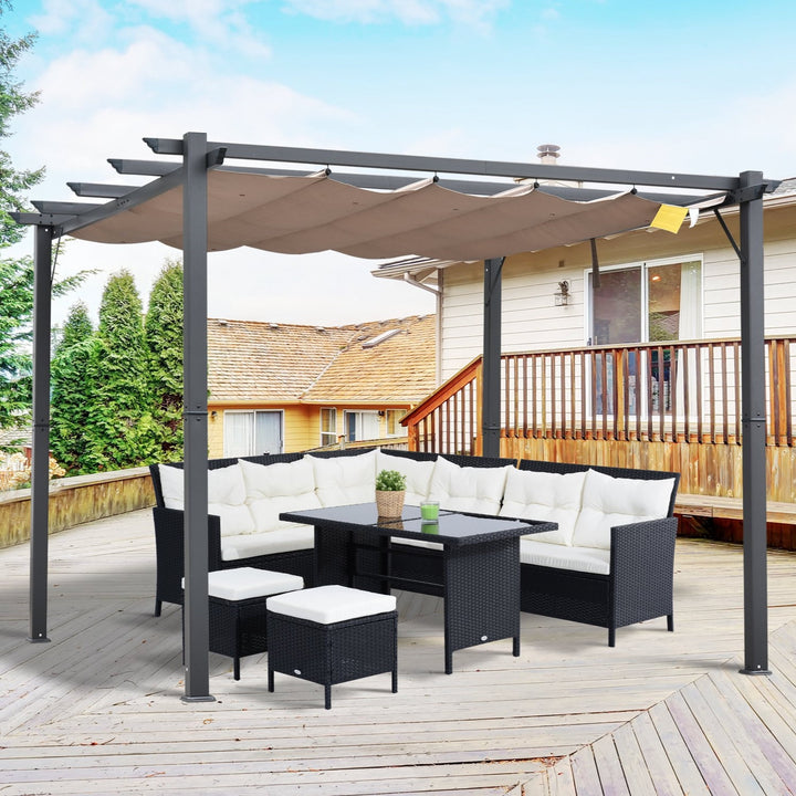 10' x 10' Aluminum Pergola Gazebo Shelter w Retractable Roof Sun Shade Deck Patio Brown, Grey