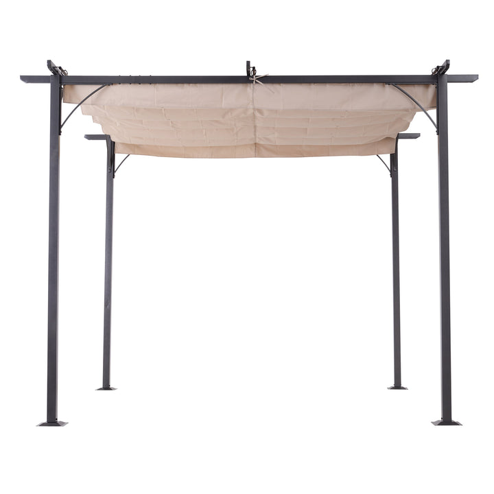 10' x 10' Steel Pergola Gazebo Shelter w Retractable Roof Sun Shade Deck Patio, Black, Beige