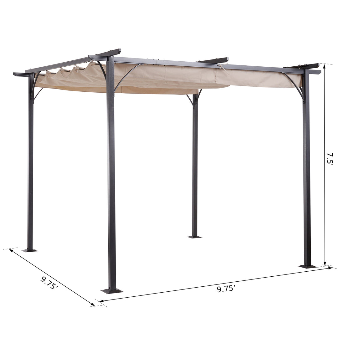 10' x 10' Steel Pergola Gazebo Shelter w Retractable Roof Sun Shade Deck Patio, Black, Beige