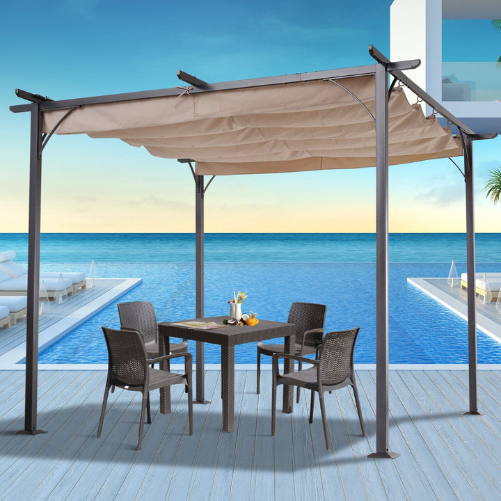 10' x 10' Steel Pergola Gazebo Shelter w Retractable Roof Sun Shade Deck Patio, Black, Beige