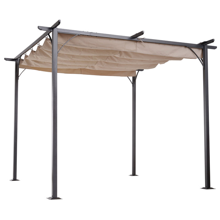 10' x 10' Steel Pergola Gazebo Shelter w Retractable Roof Sun Shade Deck Patio, Black, Beige